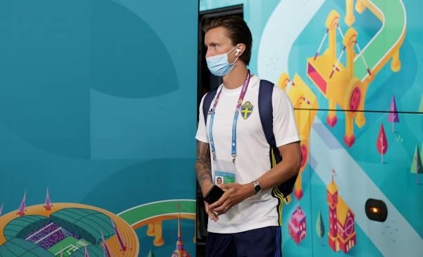 Kristoffer Olsson of Sweden arrives at the stadium prior to the UEFA Euro 2020 Championship Group E match between Sweden and Poland at Saint...