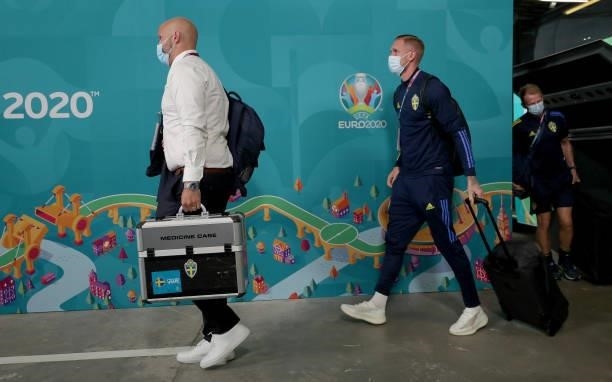 Robin Olsen of Sweden arrives at the stadium prior to the UEFA Euro 2020 Championship Group E match between Sweden and Poland at Saint Petersburg...