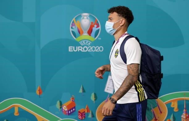 Jordan Larsson of Sweden arrives at the stadium prior to the UEFA Euro 2020 Championship Group E match between Sweden and Poland at Saint Petersburg...