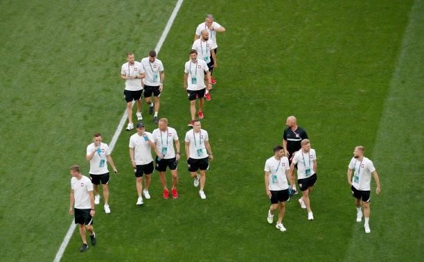 Players of Poland inspect the pitch prior to the UEFA Euro 2020 Championship Group E match between Sweden and Poland at Saint Petersburg Stadium on...