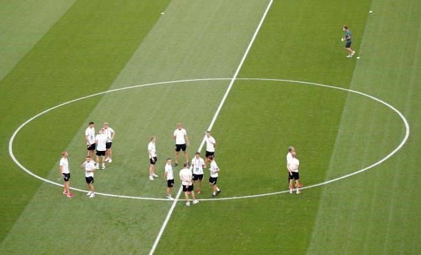 Players of Poland inspect the pitch prior to the UEFA Euro 2020 Championship Group E match between Sweden and Poland at Saint Petersburg Stadium on...