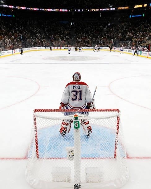 Carey Price of the Montreal Canadiens stands in the crease in the second period in Game Five of the Stanley Cup Semifinals during the 2021 Stanley...