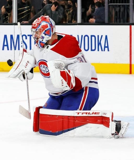 Carey Price of the Montreal Canadiens blocks a Vegas Golden Knights' shot in the second period in Game Five of the Stanley Cup Semifinals during the...