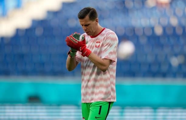 Wojciech Szczesny of Poland warms up prior to the UEFA Euro 2020 Championship Group E match between Sweden and Poland at Saint Petersburg Stadium on...