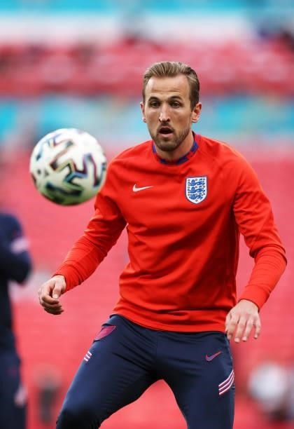 Harry Kane of England warms up prior to the UEFA Euro 2020 Championship Group D match between Czech Republic and England at Wembley Stadium on June...
