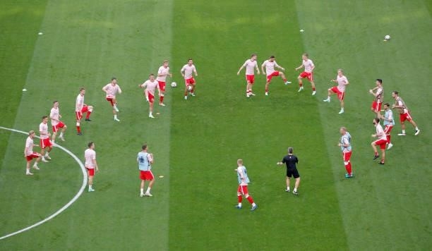 Players of Poland warm up prior to the UEFA Euro 2020 Championship Group E match between Sweden and Poland at Saint Petersburg Stadium on June 23,...