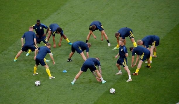 Players of Sweden warm up prior to the UEFA Euro 2020 Championship Group E match between Sweden and Poland at Saint Petersburg Stadium on June 23,...