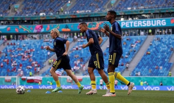 Emil Forsberg, Robin Quaison and Alexander Isak of Sweden warm up prior to during the UEFA Euro 2020 Championship Group E match between Sweden and...