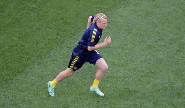 Emil Forsberg of Sweden warms up prior to the UEFA Euro 2020 Championship Group E match between Sweden and Poland at Saint Petersburg Stadium on June...
