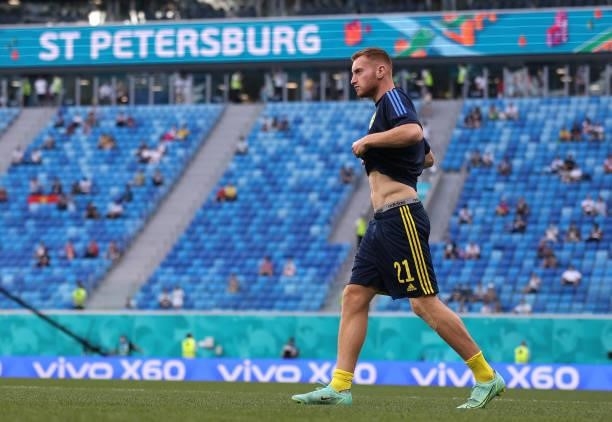 Dejan Kulusevski of Sweden warms up prior to during the UEFA Euro 2020 Championship Group E match between Sweden and Poland at Saint Petersburg...