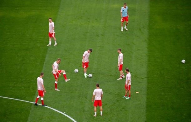 Players of Poland warm up prior to the UEFA Euro 2020 Championship Group E match between Sweden and Poland at Saint Petersburg Stadium on June 23,...