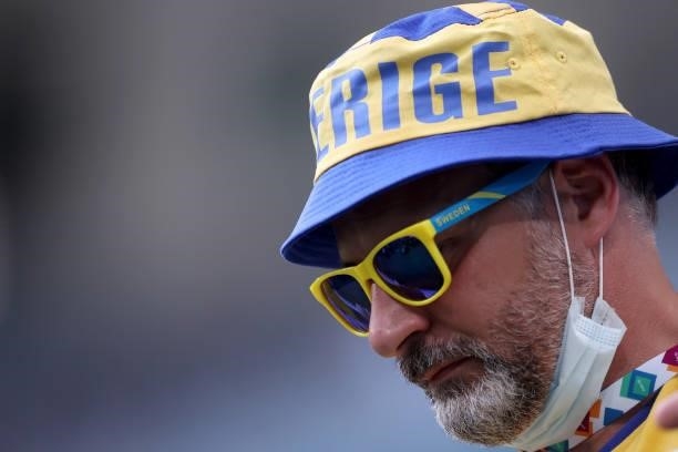 Sweden fan wearing a hat and sunglasses looks on prior to the UEFA Euro 2020 Championship Group E match between Sweden and Poland at Saint Petersburg...