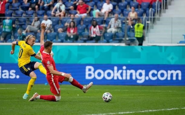 Emil Forsberg of Sweden scores their side's first goal during the UEFA Euro 2020 Championship Group E match between Sweden and Poland at Saint...