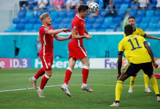 Robert Lewandowski of Poland misses an opportunity during the UEFA Euro 2020 Championship Group E match between Sweden and Poland at Saint Petersburg...