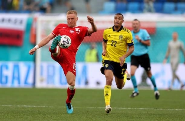 Kamil Glik of Poland controls the ball during the UEFA Euro 2020 Championship Group E match between Sweden and Poland at Saint Petersburg Stadium on...