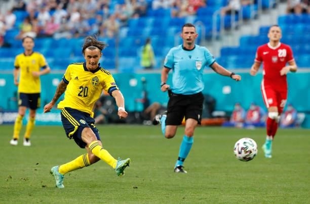 Kristoffer Olsson of Sweden takes a shot during the UEFA Euro 2020 Championship Group E match between Sweden and Poland at Saint Petersburg Stadium...