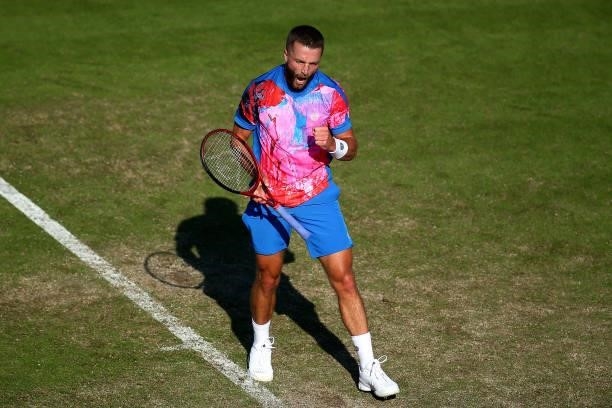 Liam Broady of Great Britain in action during his second round men's singles match against Alex De Minaur of Australia during day 5 of the Viking...
