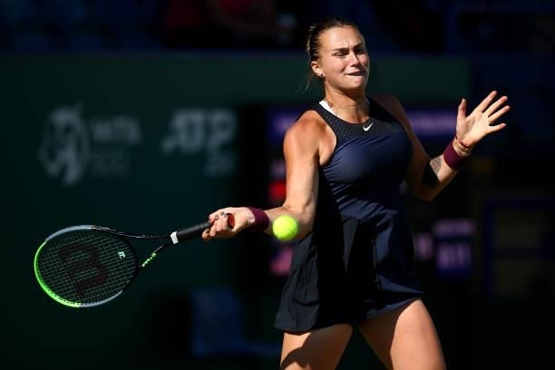 Aryna Sabalenka of Belarus in action during her second round women's singles match aganst Anett Kontaveit of Estonia during day 5 of the Viking...