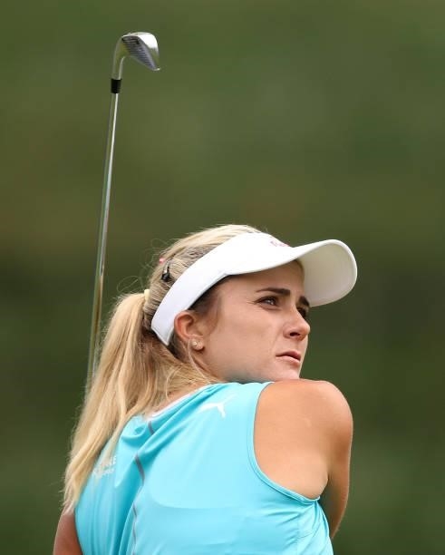 Lexi Thompson of the United States tees off the 15th hole during a practice round for the KPMG Women's PGA Championship at Atlanta Athletic Club on...