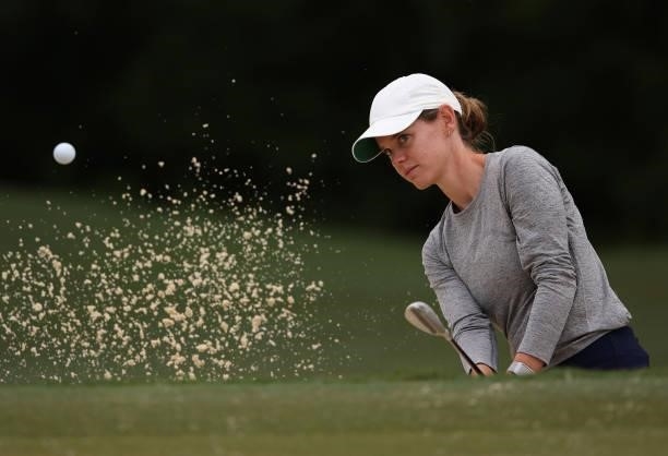 Sarah Schmelzel of the United States plays a shot on the 10th hole during a practice round for the KPMG Women's PGA Championship at Atlanta Athletic...