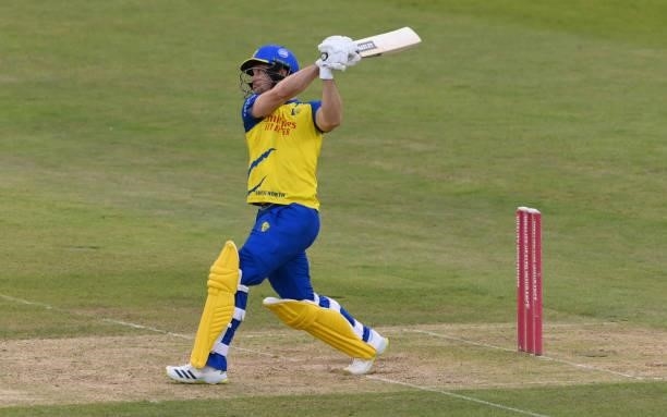 Durham batsman Sean Dickson hits out during the Vitality T20 Blast Match between Durham Cricket and Northamptonshire Steelbacks at Emirates Riverside...