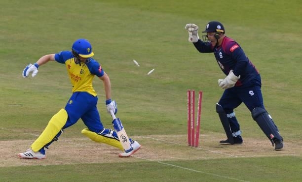 Durham batsman Cameron Bancroft is stumped by Northants wicketkeeper Adam Rossington for 27 runs during the Vitality T20 Blast Match between Durham...