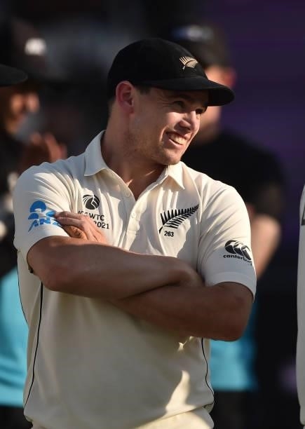 Tom Latham of New Zealand looks after Day 6 of the ICC World Test Championship Final between India and New Zealand at The Hampshire Bowl on June 23,...