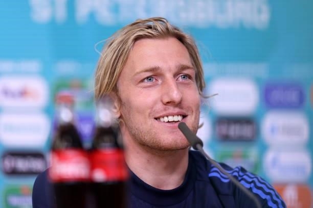 In this handout picture provided by UEFA, Emil Forsberg of Sweden speaks to the media during the Sweden Press Conference after the UEFA Euro 2020...