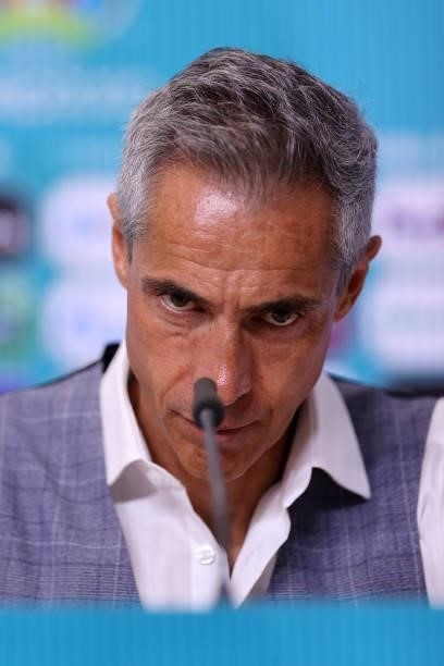 In this handout picture provided by UEFA, Paulo Sousa, Head Coach of Poland speaks to the media during the Poland Press Conference after the UEFA...