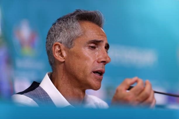 In this handout picture provided by UEFA, Paulo Sousa, Head Coach of Poland speaks to the media during the Poland Press Conference after theUEFA Euro...
