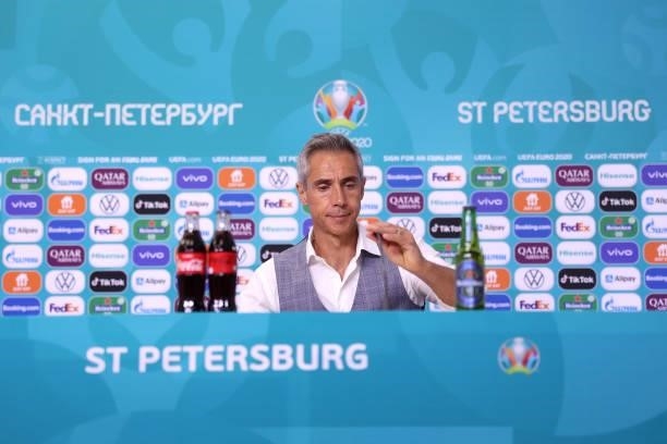 In this handout picture provided by UEFA, Paulo Sousa, Head Coach of Poland speaks to the media during the Poland Press Conference after the UEFA...