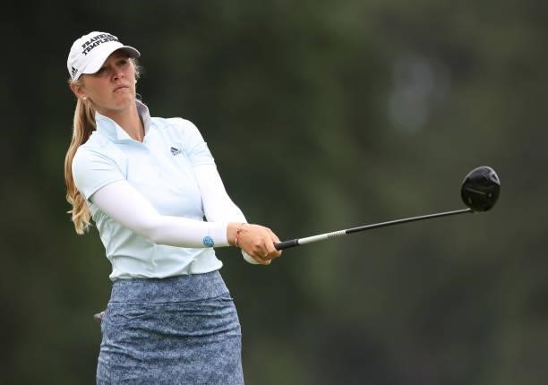Jessica Korda of the United States tees off the 18th hole during a practice round for the KPMG Women's PGA Championship at Atlanta Athletic Club on...