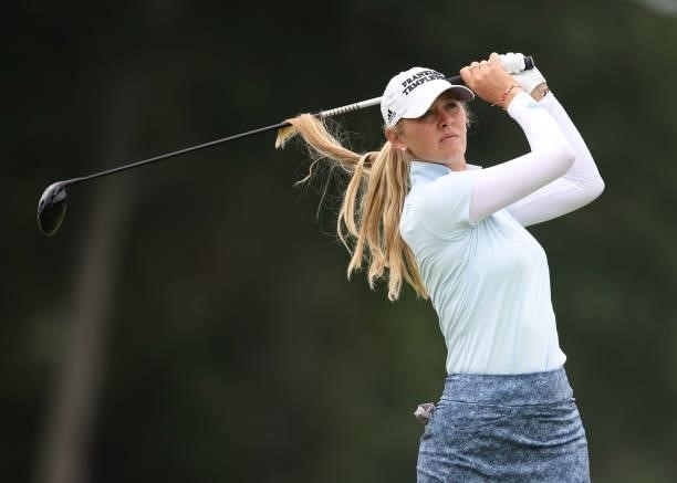 Jessica Korda of the United States tees off the 18th hole during a practice round for the KPMG Women's PGA Championship at Atlanta Athletic Club on...
