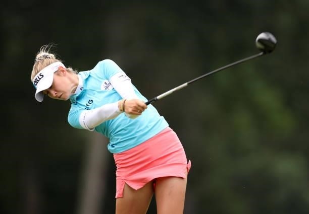 Nelly Korda of the United States tees off the 18th hole during a practice round for the KPMG Women's PGA Championship at Atlanta Athletic Club on...