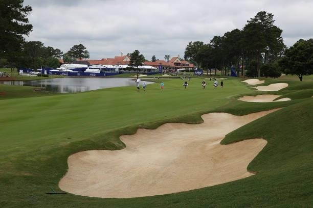 View of the 18th fairway during a practice round for the KPMG Women's PGA Championship at Atlanta Athletic Club on June 23, 2021 in Johns Creek,...