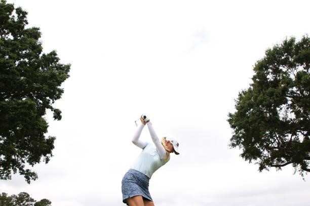 Jessica Korda of the United States tees off the 17th hole during a practice round for the KPMG Women's PGA Championship at Atlanta Athletic Club on...