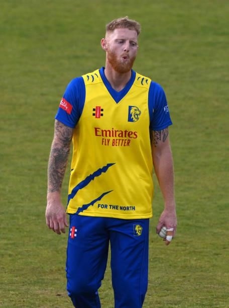 Durham bowler Ben Stokes reacts during the Vitality T20 Blast Match between Durham Cricket and Northamptonshire Steelbacks at Emirates Riverside on...