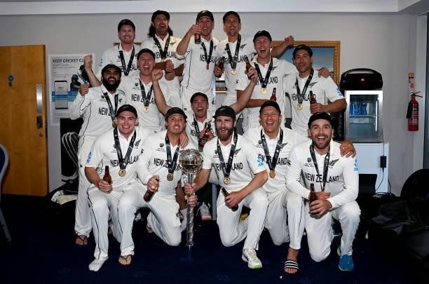 New Zealand celebrates winning in the dressing rooms after winning the ICC World Test Championship Final between India and New Zealand at The Ageas...