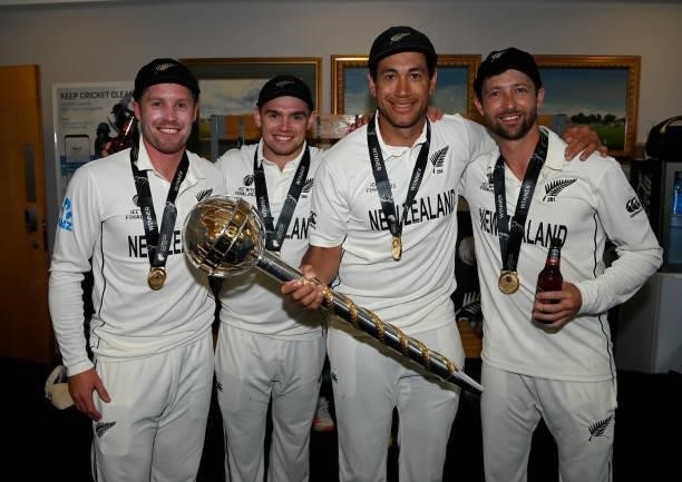 Henry Nicolls, Tom Latham, Ross Taylor and Devon Conway of New Zealand celebrate winning in the dressing rooms after winning the ICC World Test...