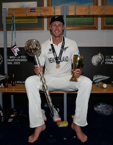 Man of the match Kyle Jamieson of New Zealand celebrates winning in the dressing rooms after winning the ICC World Test Championship Final between...