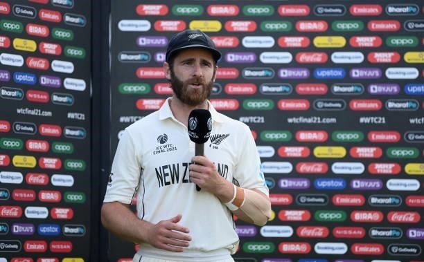 New Zealand captain Kane Williamson is interviewed after winning the ICC World Test Championship Final between India and New Zealand at The Ageas...