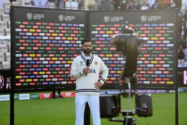 India captain Virat Kohli is interviewed after winning the ICC World Test Championship Final between India and New Zealand at The Ageas Bowl on June...