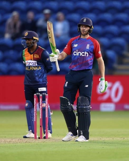Jos Buttler of England celebrates his 50 runs scored during the T20 International Series first T20I match between England and Sri Lanka at Sophia...
