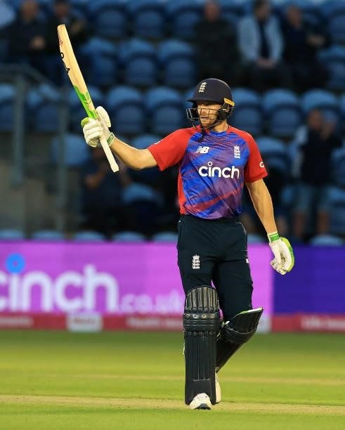 Jos Buttler of England celebrates his half century during the T20 International Series First T20 International match between England and Sri Lanka at...