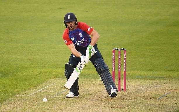 Jos Buttler of England plays a shot during the T20 International Series First T20I match between England and Sri Lanka at Sophia Gardens on June 23,...
