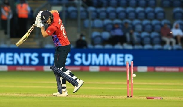 Dawid Malan of England is bowled during the T20 International Series First T20 International match between England and Sri Lanka at Sophia Gardens on...