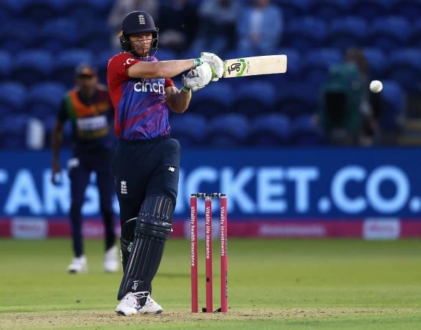 Jos Buttler of England bats during the T20 International Series first T20I match between England and Sri Lanka at Sophia Gardens on June 23, 2021 in...