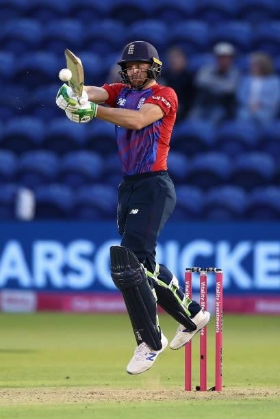 Jos Buttler of England bats during the T20 International Series first T20I match between England and Sri Lanka at Sophia Gardens on June 23, 2021 in...