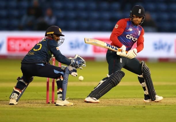 Jonny Bairstow of England bats as Kusal Mendis of Sri Lanka keeps wicket during the T20 International Series first T20I match between England and Sri...