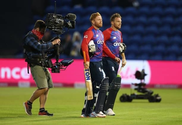 Jonny Bairstow and Jos Buttler of England walk off after their win over Sri Lanka during the T20 International Series first T20I match between...